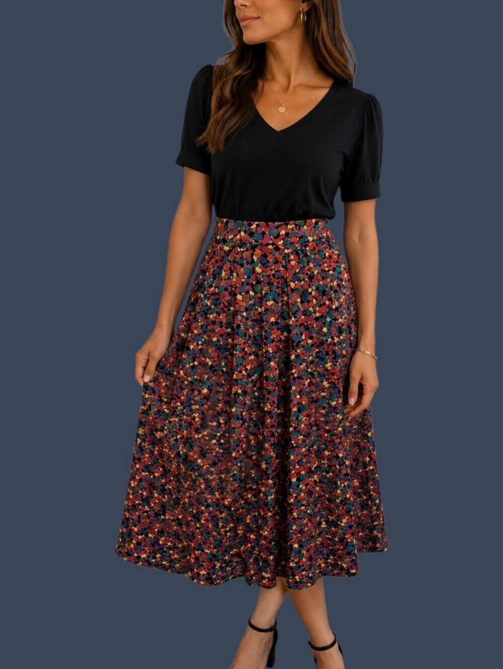 Vtg PROPHECY 1990s rainbow confetti pleated tea length Skirt